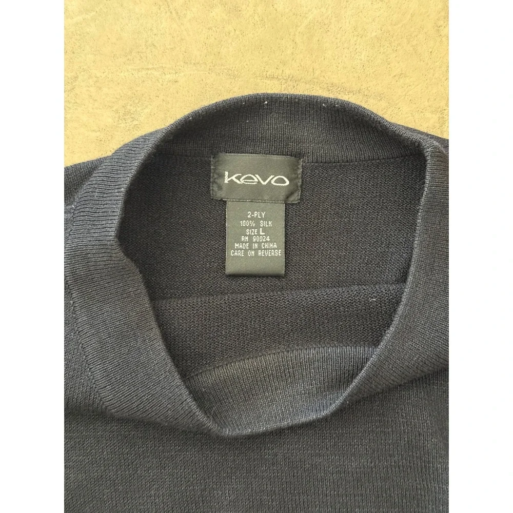 Kevo Mens Black 100% Silk 2-Ply Knit Crew Neck Sweater Long Sleeve Size L